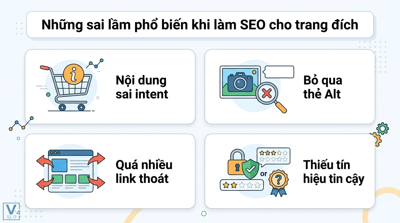 Làm sao để tối ưu hóa nội dung SEO cho trang đích (Landing Page)? 3 Sai lầm SEO trang đích gồm nội dung sai intent, bỏ qua thẻ Alt, quá nhiều link thoát và thiếu tín hiệu tin cậy làm sụt giảm tỷ lệ chuyển đổi
