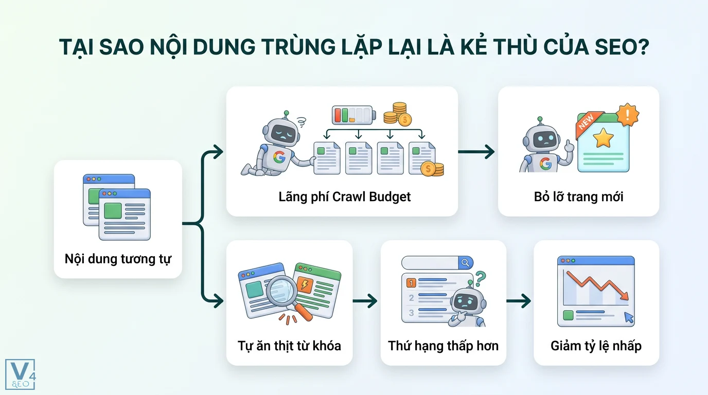 Làm sao để tránh trùng lặp nội dung giữa các bài viết SEO? Từ đầu 1 Nội dung trùng lặp khiến Googlebot lãng phí Crawl budget, bỏ lỡ trang mới, gây tự ăn thịt từ khóa và làm giảm thứ hạng SEO cùng tỷ lệ nhấp