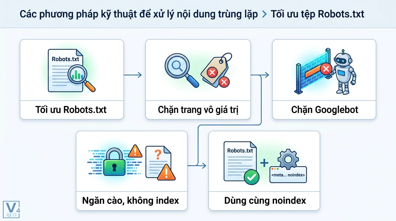 Làm sao để tránh trùng lặp nội dung giữa các bài viết SEO? Từ đầu 2 Tối ưu Robots.txt chặn Googlebot thu thập dữ liệu trang vô giá trị và kết hợp thẻ noindex để ngăn lập chỉ mục nội dung trùng lặp