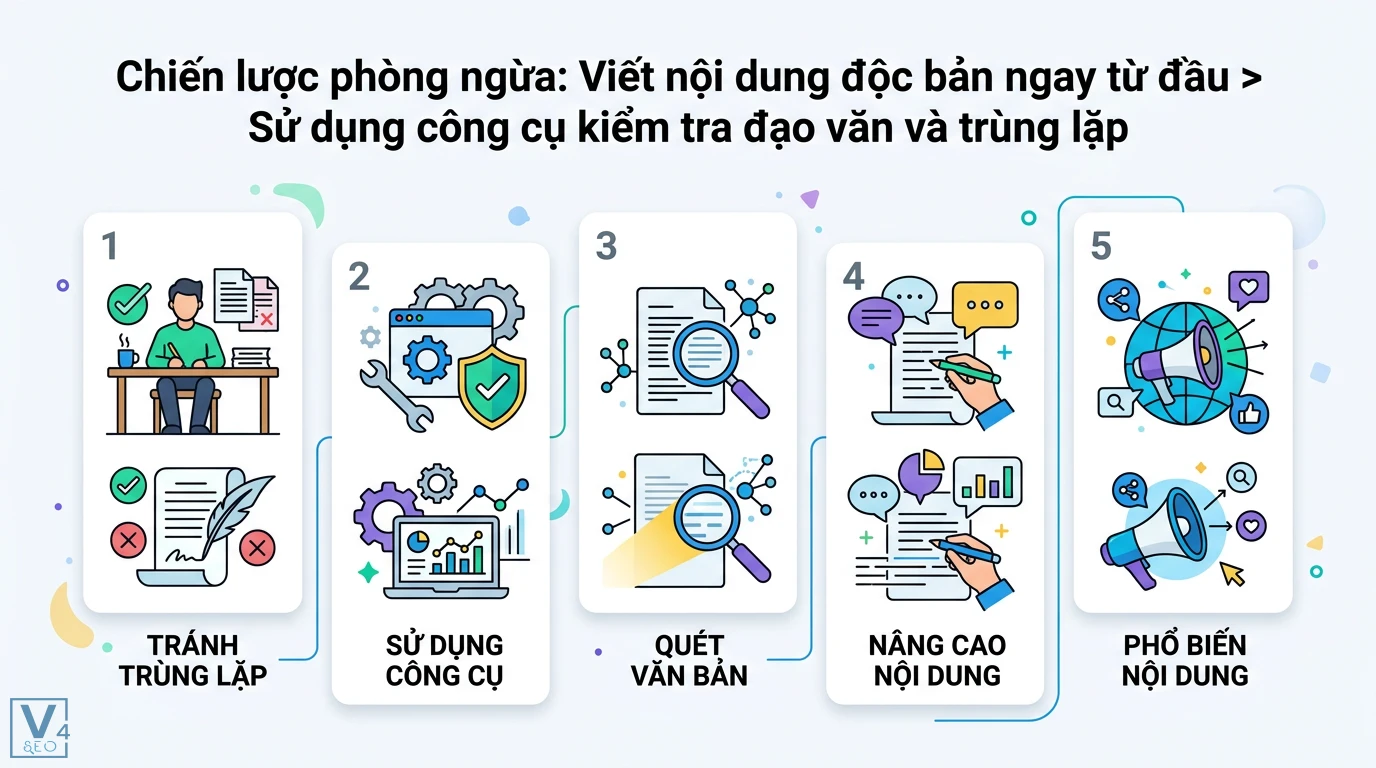 Làm sao để tránh trùng lặp nội dung giữa các bài viết SEO? Từ đầu 3 Sử dụng công cụ kiểm tra đạo văn để quét văn bản, tránh trùng lặp, nâng cao chất lượng nội dung và phổ biến rộng rãi trên mạng xã hội