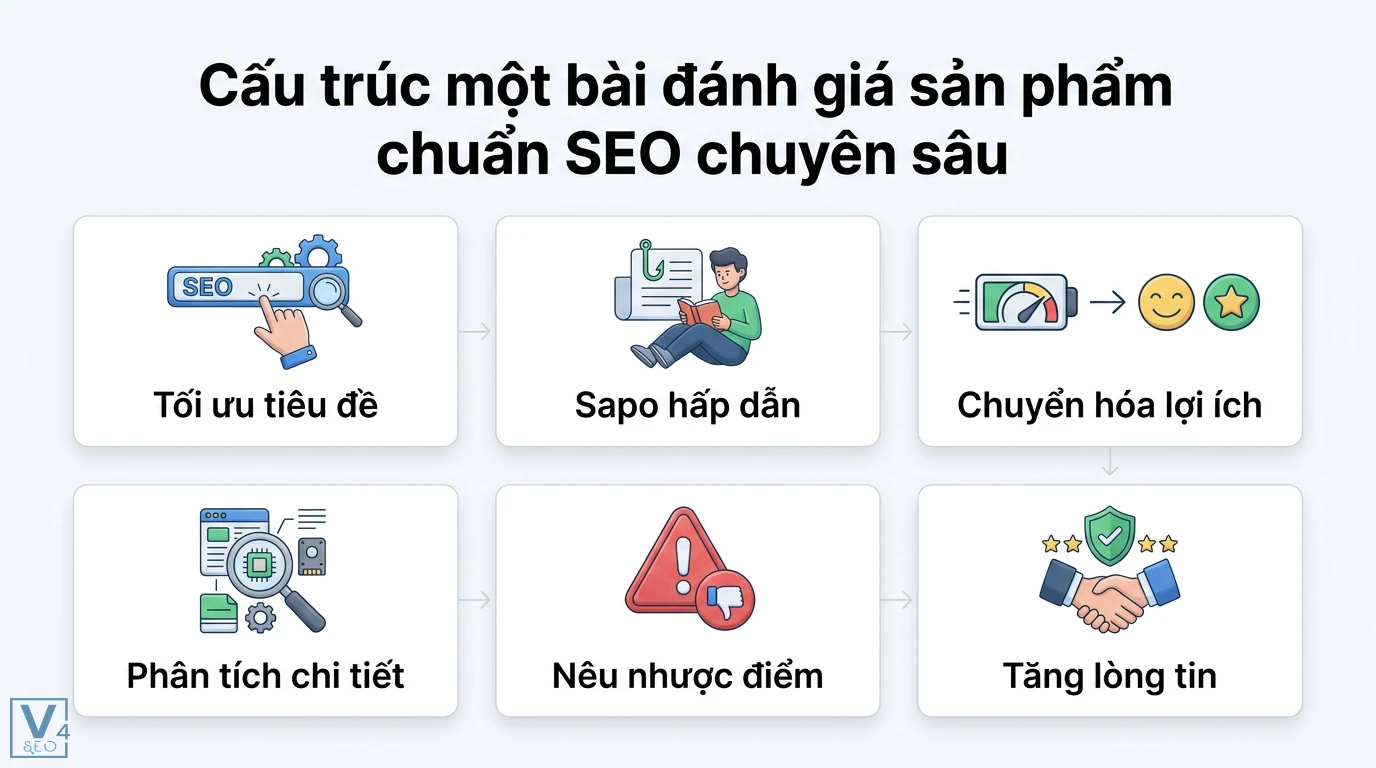 Làm sao để viết bài đánh giá sản phẩm chuẩn SEO: Tối ưu EEAT & Schema? 2 Cấu trúc bài đánh giá sản phẩm chuẩn SEO gồm tối ưu tiêu đề, sapo, chuyển hóa lợi ích, phân tích chi tiết, nêu nhược điểm và tăng lòng tin