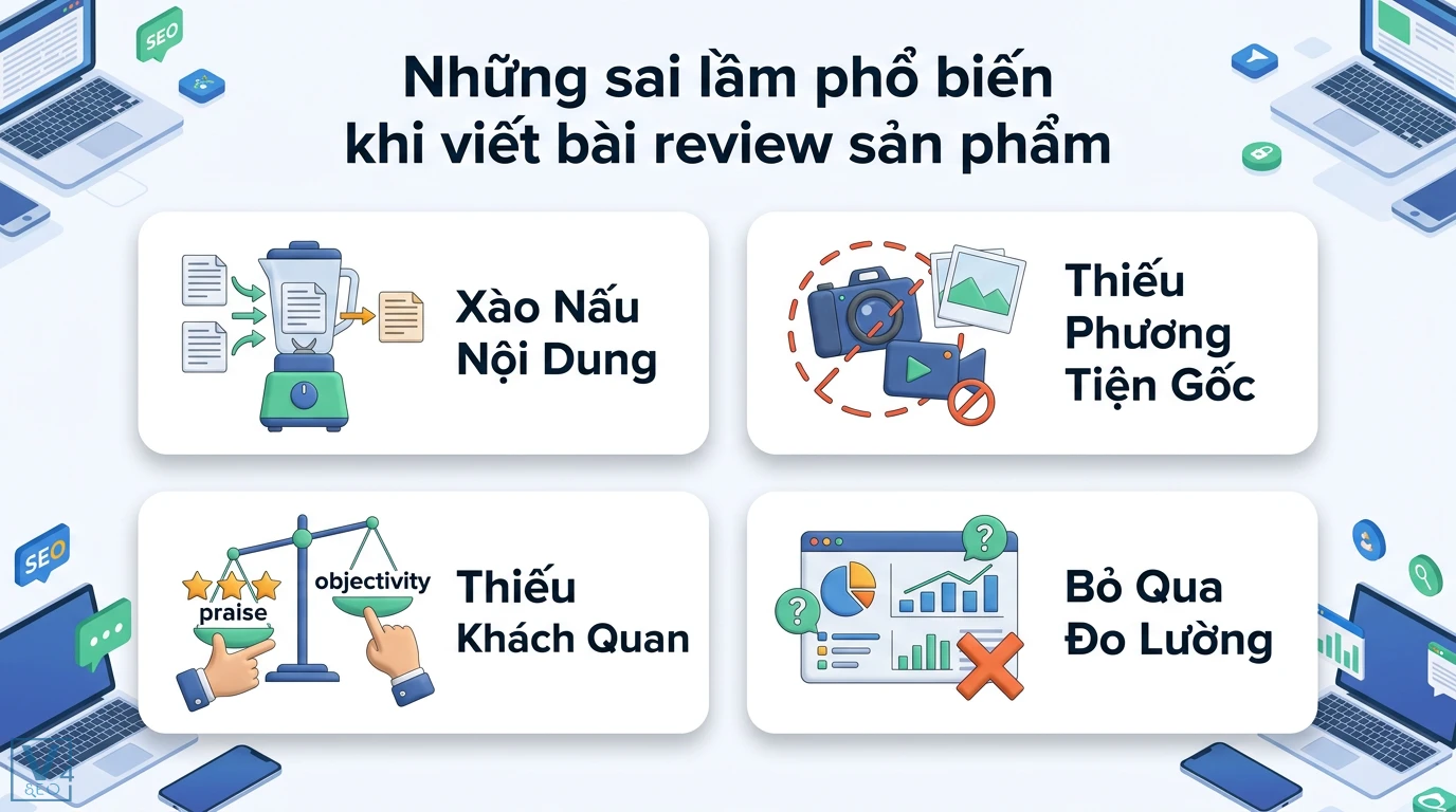 Làm sao để viết bài đánh giá sản phẩm chuẩn SEO: Tối ưu EEAT & Schema? 3 Sai lầm khi viết bài review sản phẩm gồm xào nấu nội dung, thiếu phương tiện gốc, thiếu tính khách quan và bỏ qua đo lường hiệu quả SEO