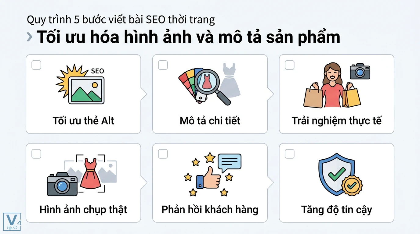 Làm sao để viết bài SEO cho ngành thời trang? Bí quyết UX, EEAT 2 Tối ưu hóa mô tả sản phẩm và thẻ Alt chuẩn SEO thời trang qua trải nghiệm thực tế, ảnh chụp thật và phản hồi khách hàng giúp tăng độ tin cậy