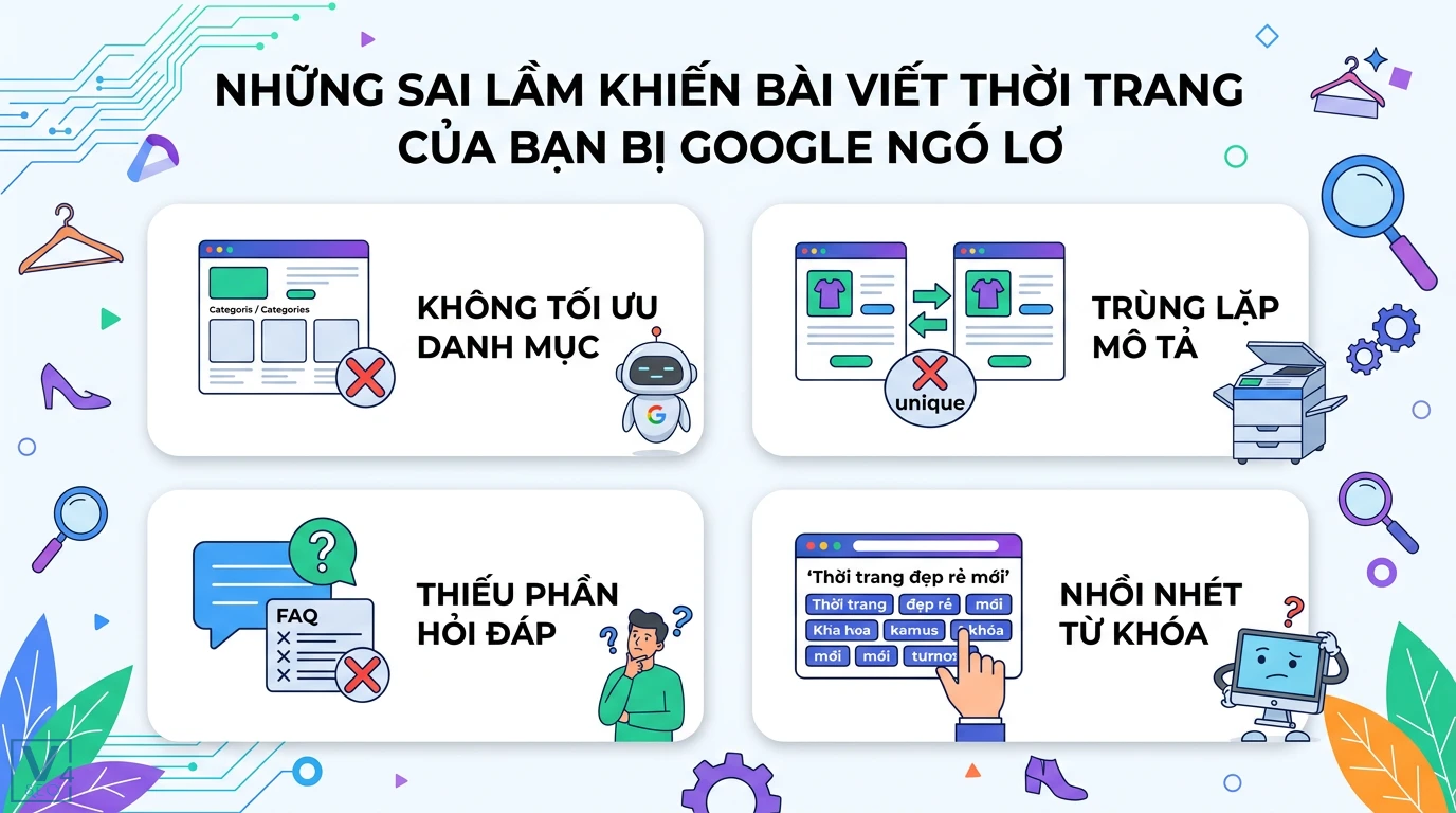 Làm sao để viết bài SEO cho ngành thời trang? Bí quyết UX, EEAT 3 Các sai lầm khiến bài viết thời trang bị Google ngó lơ gồm không tối ưu danh mục, trùng lặp mô tả, thiếu FAQ và nhồi nhét từ khóa