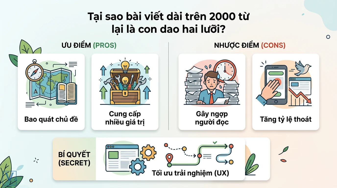 Làm sao để viết bài SEO dài trên 2000 từ mà không gây nhàm chán? 1 Bài viết 2000 từ là con dao hai lưỡi khi bao quát chủ đề nhưng gây ngợp người đọc nếu không tối ưu trải nghiệm UX để giảm tỷ lệ thoát trang