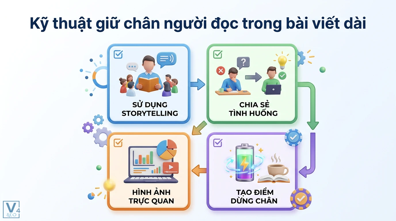 Làm sao để viết bài SEO dài trên 2000 từ mà không gây nhàm chán? 2 Kỹ thuật giữ chân người đọc qua storytelling, chia sẻ tình huống, dữ liệu trực quan và tạo điểm dừng chân trong bài viết dài