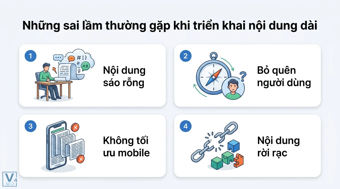 Làm sao để viết bài SEO dài trên 2000 từ mà không gây nhàm chán? 3 Sai lầm khi triển khai nội dung dài gồm viết sáo rỗng, bỏ quên người dùng, không tối ưu mobile và trình bày nội dung rời rạc thiếu logic