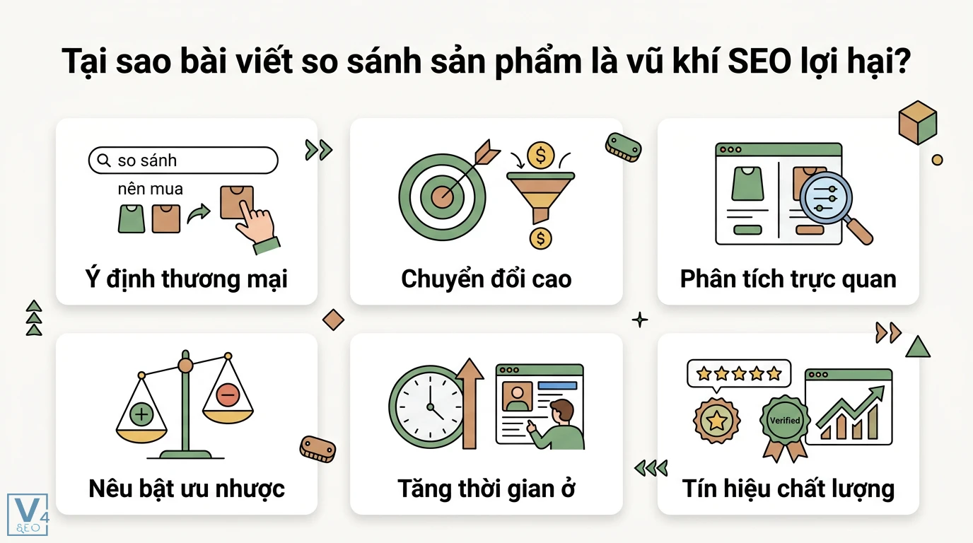 Hướng Dẫn Viết Bài So Sánh Sản Phẩm Chuẩn SEO: Mẫu Bảng & Tối Ưu UX 1 Bài viết so sánh sản phẩm giúp tối ưu ý định thương mại, tăng chuyển đổi, phân tích ưu nhược điểm và cải thiện các tín hiệu chất lượng SEO