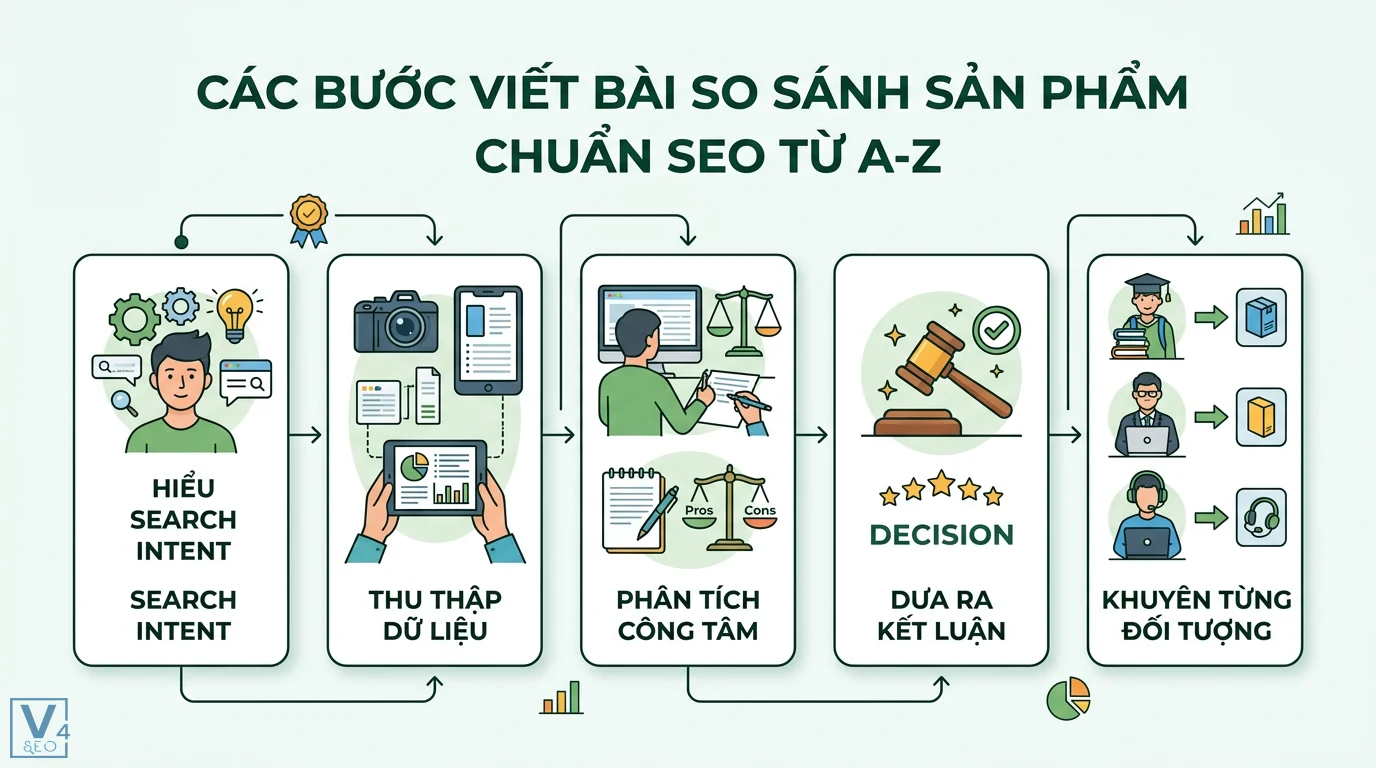 Hướng Dẫn Viết Bài So Sánh Sản Phẩm Chuẩn SEO: Mẫu Bảng & Tối Ưu UX 2 Các bước viết bài so sánh sản phẩm chuẩn SEO gồm hiểu Search Intent, thu thập dữ liệu, phân tích công tâm, kết luận và tư vấn từng đối tượng