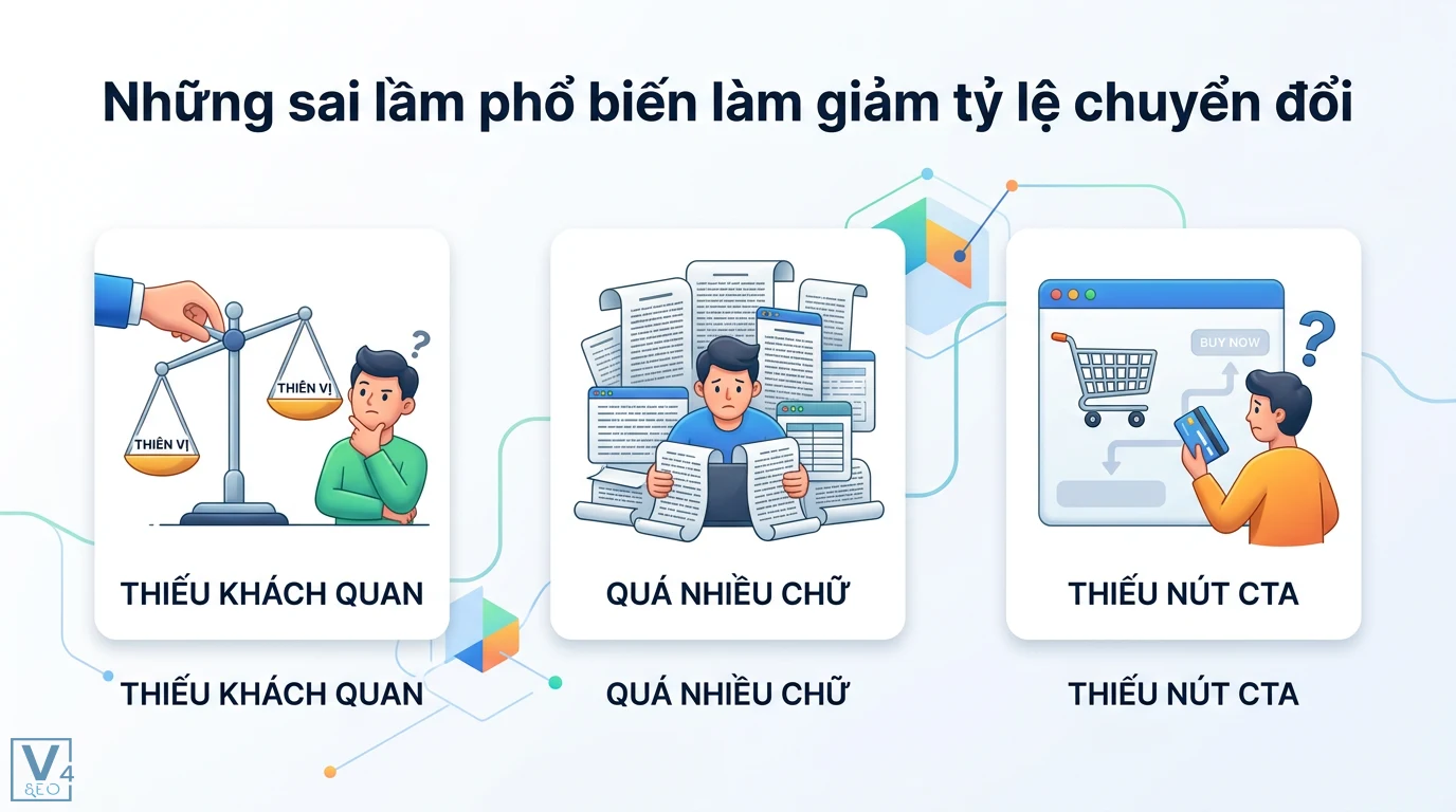 Hướng Dẫn Viết Bài So Sánh Sản Phẩm Chuẩn SEO: Mẫu Bảng & Tối Ưu UX 3 Sai lầm làm giảm tỷ lệ chuyển đổi do thiếu tính khách quan, nội dung quá nhiều chữ và thiếu nút kêu gọi hành động CTA rõ ràng khi mua hàng