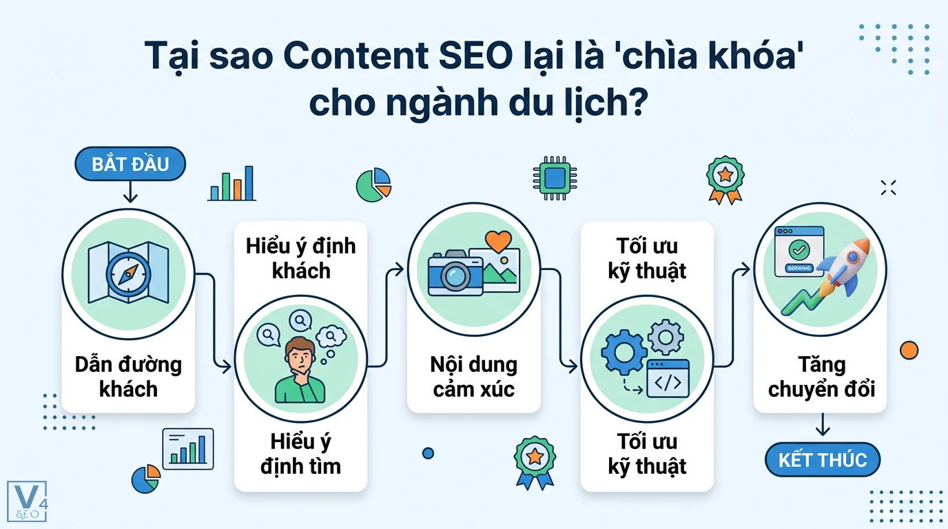 Làm sao để viết Content SEO cho ngành du lịch? Mẹo Storytelling 1 Content SEO du lịch giúp dẫn đường khách, thấu hiểu ý định tìm, sáng tạo nội dung cảm xúc và tối ưu kỹ thuật nhằm gia tăng tỷ lệ chuyển đổi