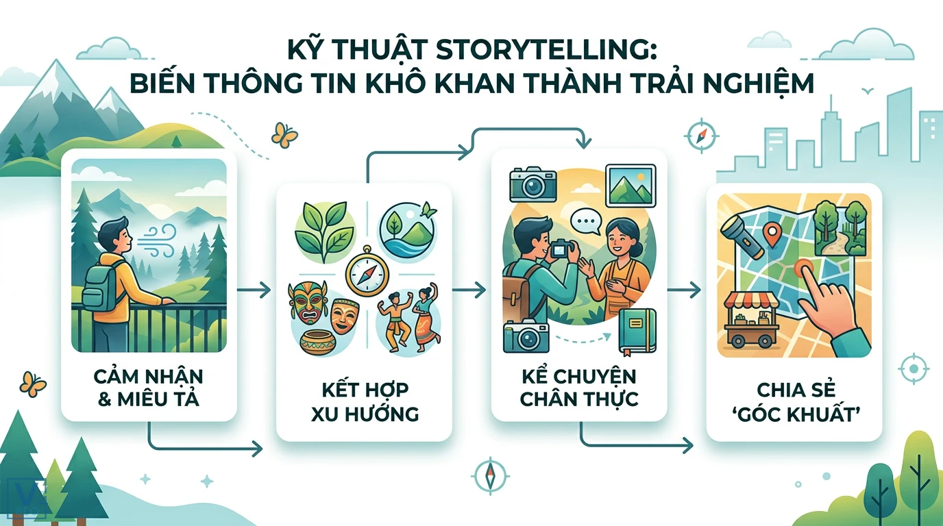 Làm sao để viết Content SEO cho ngành du lịch? Mẹo Storytelling 2 Kỹ thuật Storytelling biến thông tin du lịch thành trải nghiệm qua việc cảm nhận, kết hợp xu hướng, kể chuyện chân thực và chia sẻ góc khuất