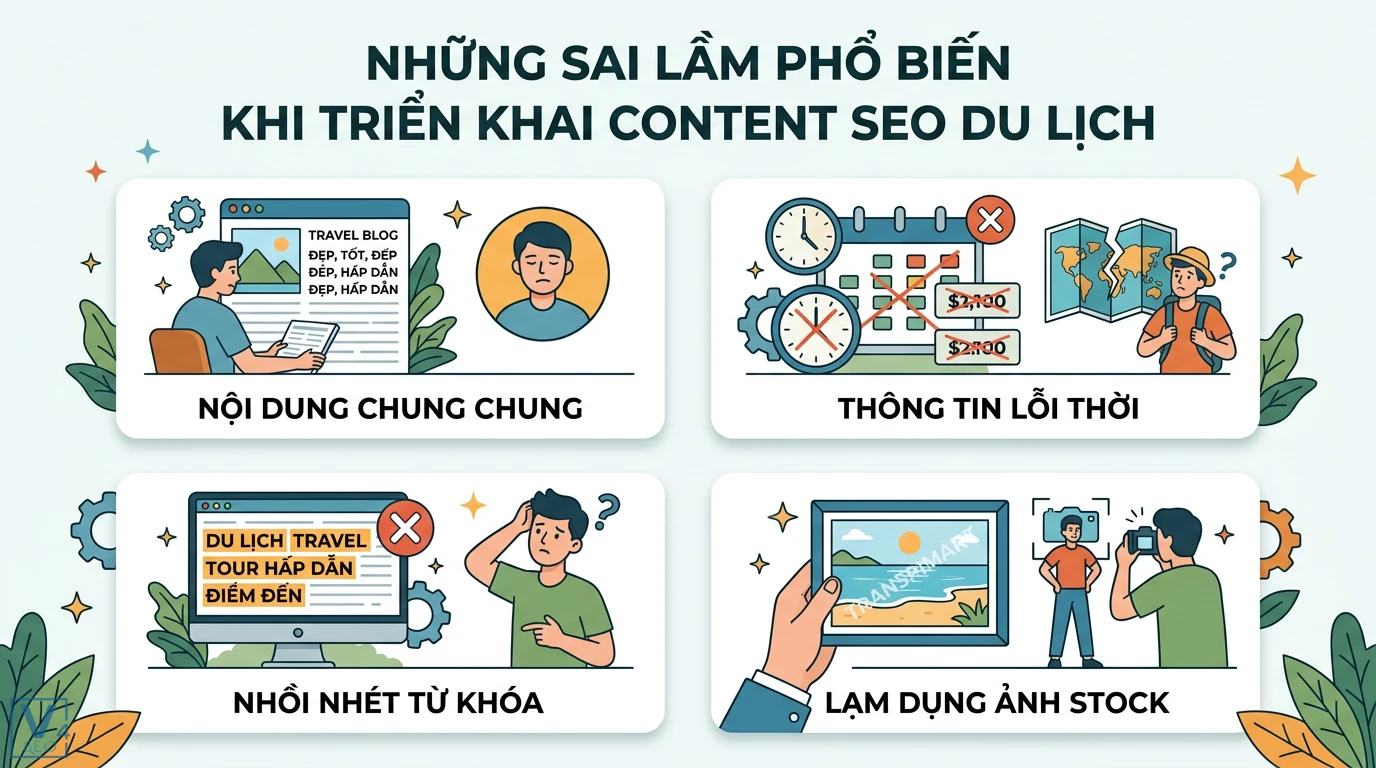 Làm sao để viết Content SEO cho ngành du lịch? Mẹo Storytelling 3 Sai lầm Content SEO du lịch gồm nội dung chung chung, thông tin lỗi thời, nhồi nhét từ khóa và lạm dụng ảnh stock làm giảm chất lượng bài viết