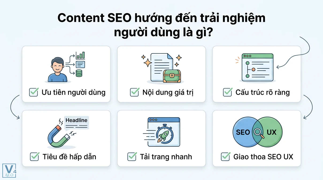 Làm sao để viết Content SEO hướng đến trải nghiệm người dùng? 1 Content SEO hướng đến trải nghiệm người dùng gồm ưu tiên người dùng, nội dung giá trị, cấu trúc rõ ràng, tiêu đề hấp dẫn và giao thoa SEO UX