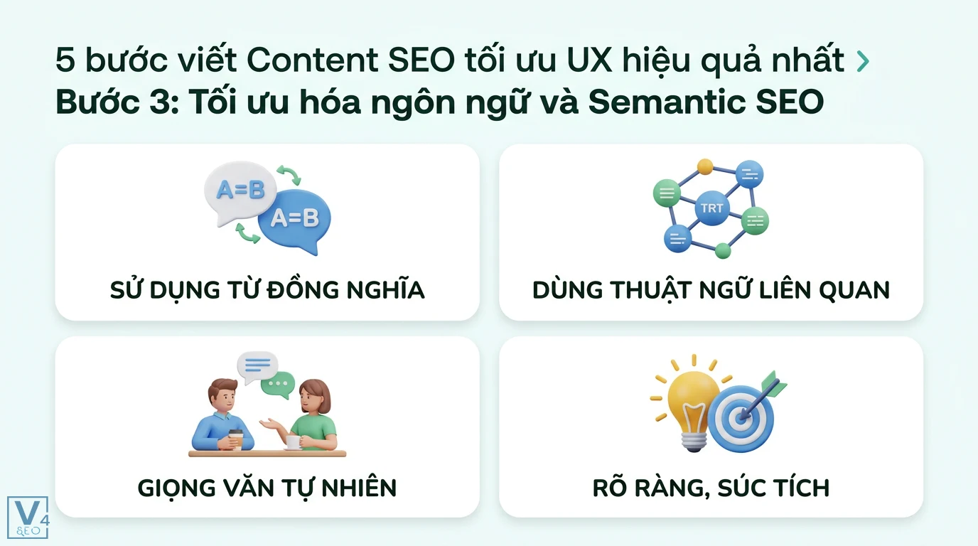 Làm sao để viết Content SEO hướng đến trải nghiệm người dùng? 2 Tối ưu Semantic SEO bằng cách dùng từ đồng nghĩa, thuật ngữ liên quan, giọng văn tự nhiên và cách diễn đạt rõ ràng súc tích