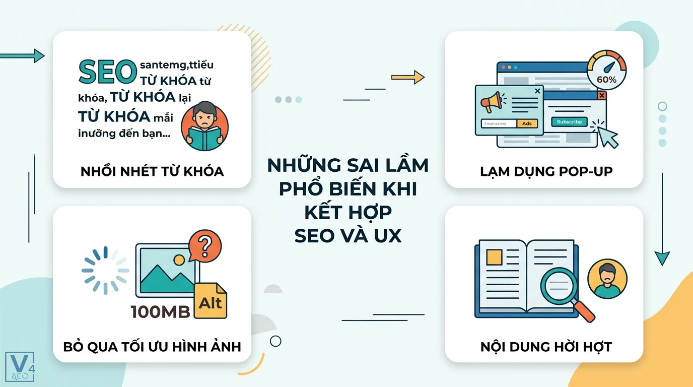 Làm sao để viết Content SEO hướng đến trải nghiệm người dùng? 3 Sai lầm phổ biến khi kết hợp SEO và UX gồm nhồi nhét từ khóa, lạm dụng pop-up, không tối ưu hình ảnh và cung cấp nội dung thiếu chiều sâu