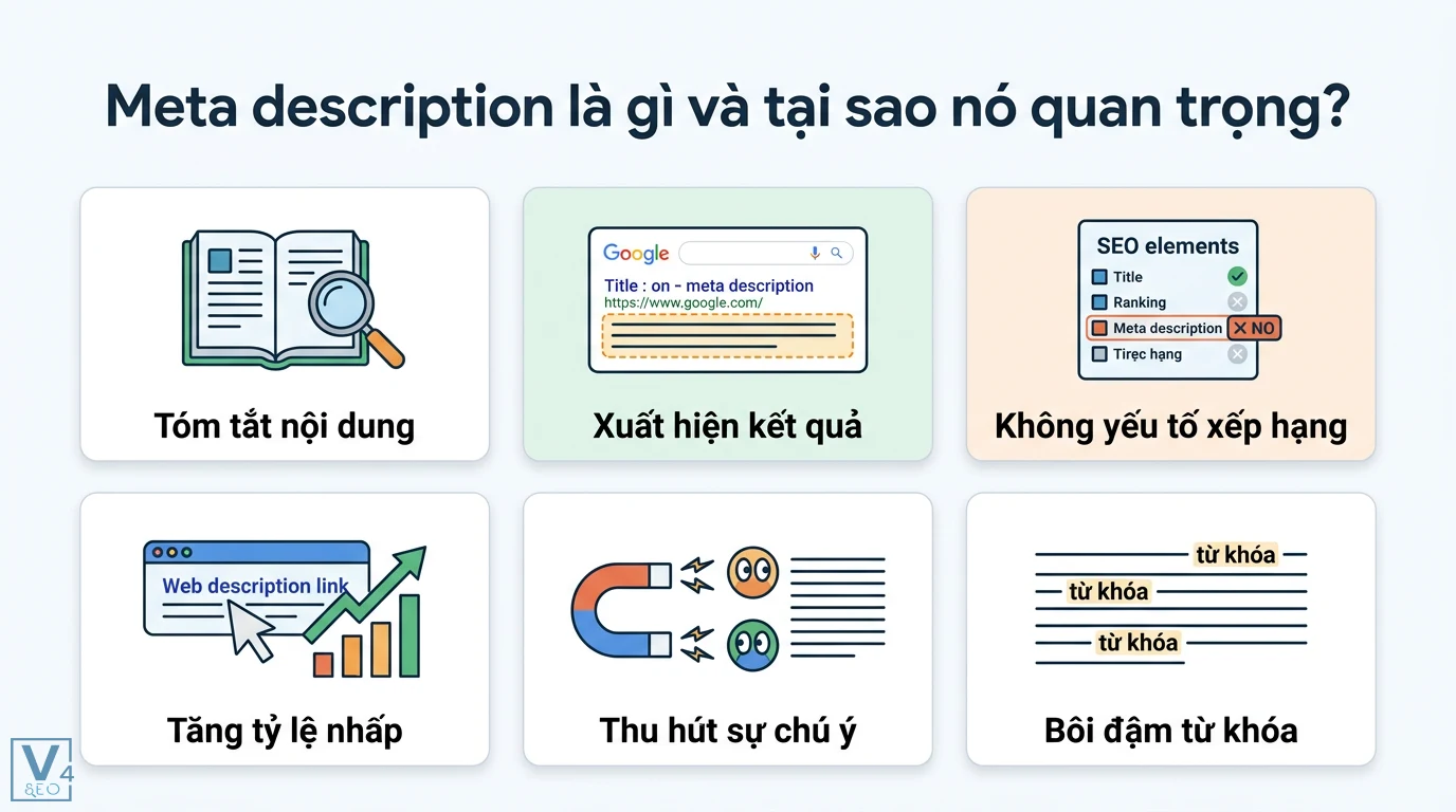 Làm sao để viết mô tả meta hấp dẫn và tối ưu SEO? Bí kíp tăng CTR 1 Meta description giúp tóm tắt nội dung tăng tỷ lệ nhấp CTR thu hút chú ý và bôi đậm từ khóa mục tiêu trên trang kết quả tìm kiếm Google