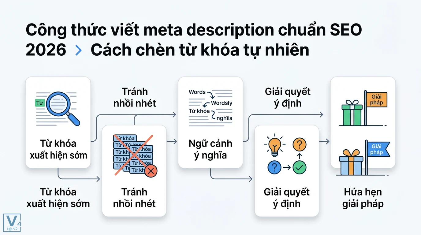 Làm sao để viết mô tả meta hấp dẫn và tối ưu SEO? Bí kíp tăng CTR 2 Cách chèn từ khóa tự nhiên vào meta description chuẩn SEO 2026 bằng việc đặt từ khóa sớm tránh nhồi nhét và giải quyết đúng ý định của người dùng