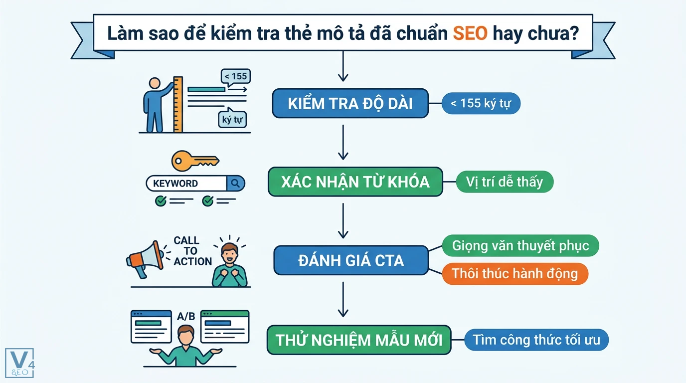 Làm sao để viết mô tả meta hấp dẫn và tối ưu SEO? Bí kíp tăng CTR 3 Cách kiểm tra thẻ mô tả chuẩn SEO qua độ dài dưới 155 ký tự, vị trí từ khóa, giọng văn CTA thuyết phục và thử nghiệm tìm công thức tối ưu