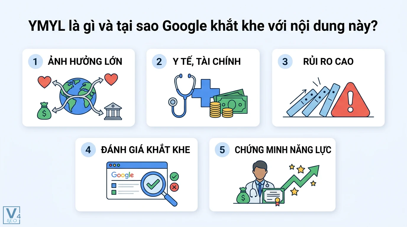 Làm sao để viết nội dung chuẩn SEO cho ngành khó (YMYL) - E-E-A-T 1 YMYL có tầm ảnh hưởng lớn đến y tế tài chính và rủi ro cao khiến Google đánh giá khắt khe yêu cầu website chứng minh năng lực chuyên môn