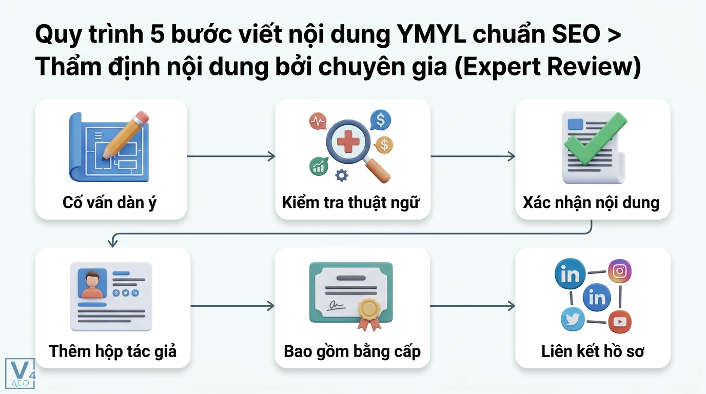 Làm sao để viết nội dung chuẩn SEO cho ngành khó (YMYL) - E-E-A-T 2 Quy trình thẩm định nội dung YMYL gồm cố vấn dàn ý, kiểm tra thuật ngữ, xác nhận nội dung, thêm hộp tác giả, bằng cấp và liên kết hồ sơ