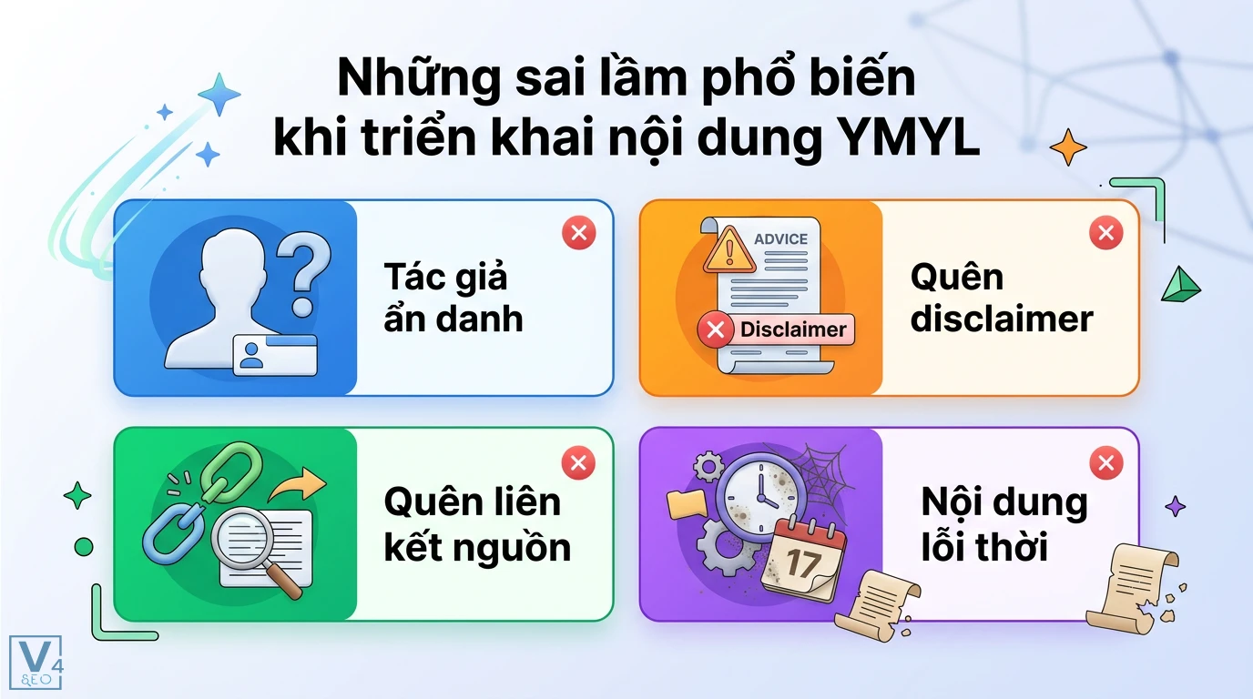Làm sao để viết nội dung chuẩn SEO cho ngành khó (YMYL) - E-E-A-T 3 Sai lầm phổ biến khi triển khai nội dung YMYL gồm tác giả ẩn danh, thiếu disclaimer, quên liên kết nguồn và để thông tin bị lỗi thời
