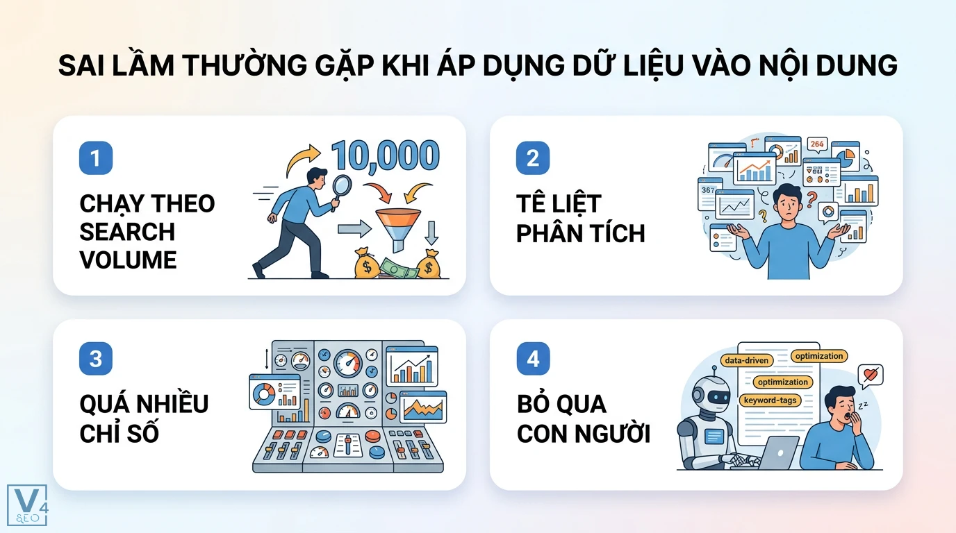 Làm sao để viết nội dung SEO dựa trên dữ liệu (Data-driven Content)? 3 Các sai lầm khi áp dụng dữ liệu vào nội dung gồm chạy theo Search Volume, tê liệt phân tích, quá nhiều chỉ số và bỏ qua yếu tố con người