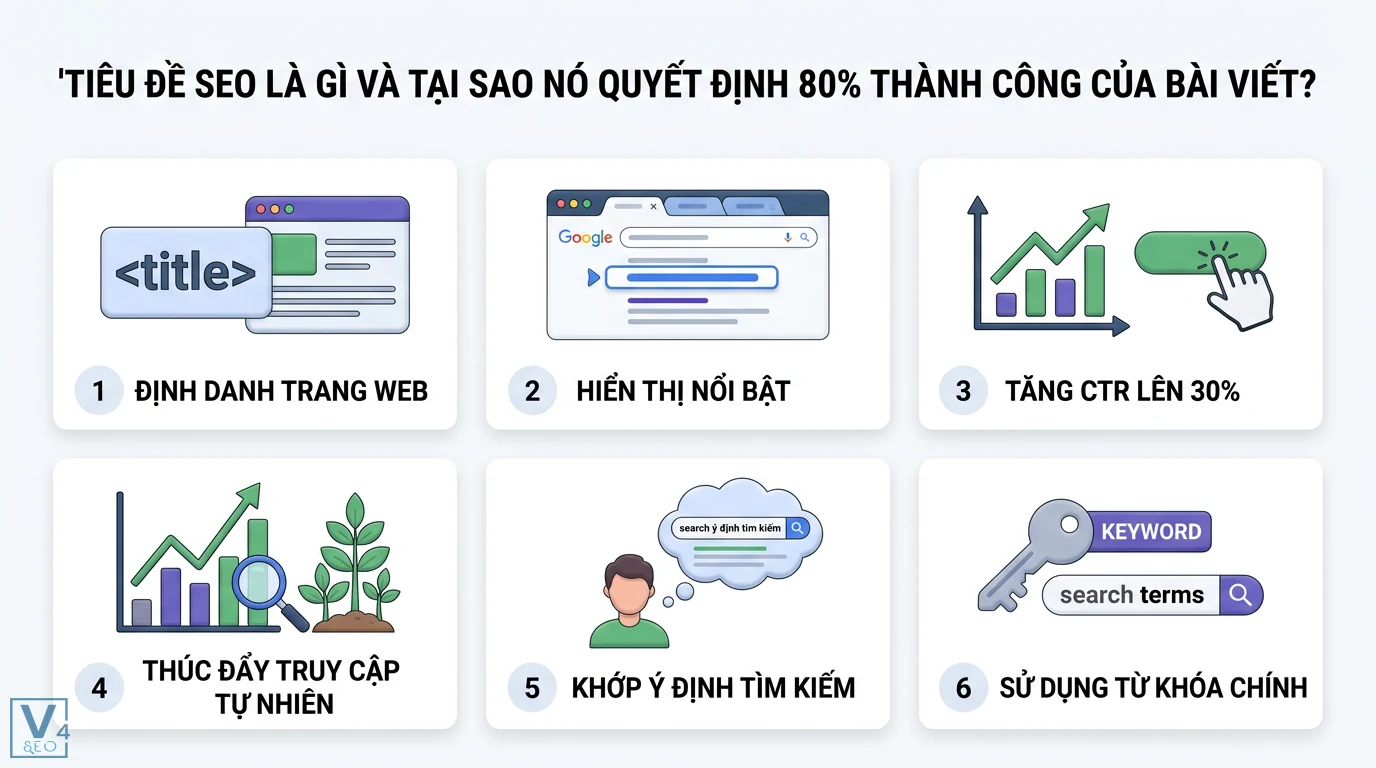 Làm sao để viết tiêu đề hấp dẫn và tối ưu SEO? 10+ Mẹo tăng CTR 1 Tiêu đề SEO hiển thị nổi bật, tăng CTR 30% và thúc đẩy truy cập tự nhiên nhờ sử dụng từ khóa chính khớp với ý định tìm kiếm người dùng