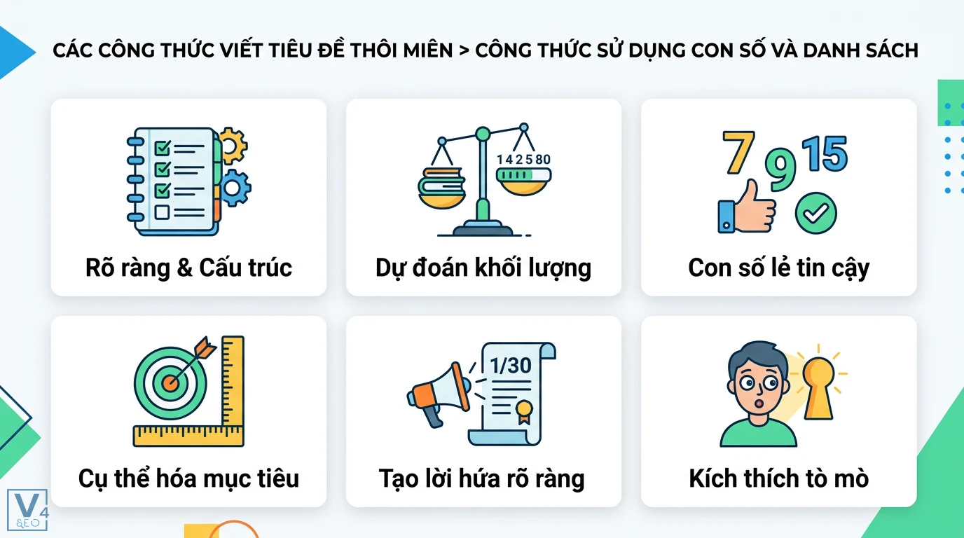 Làm sao để viết tiêu đề hấp dẫn và tối ưu SEO? 10+ Mẹo tăng CTR 2 Công thức viết tiêu đề bằng con số và danh sách giúp tăng tính rõ ràng cấu trúc dùng số lẻ 7 9 15 để cụ thể hóa mục tiêu và kích thích tò mò