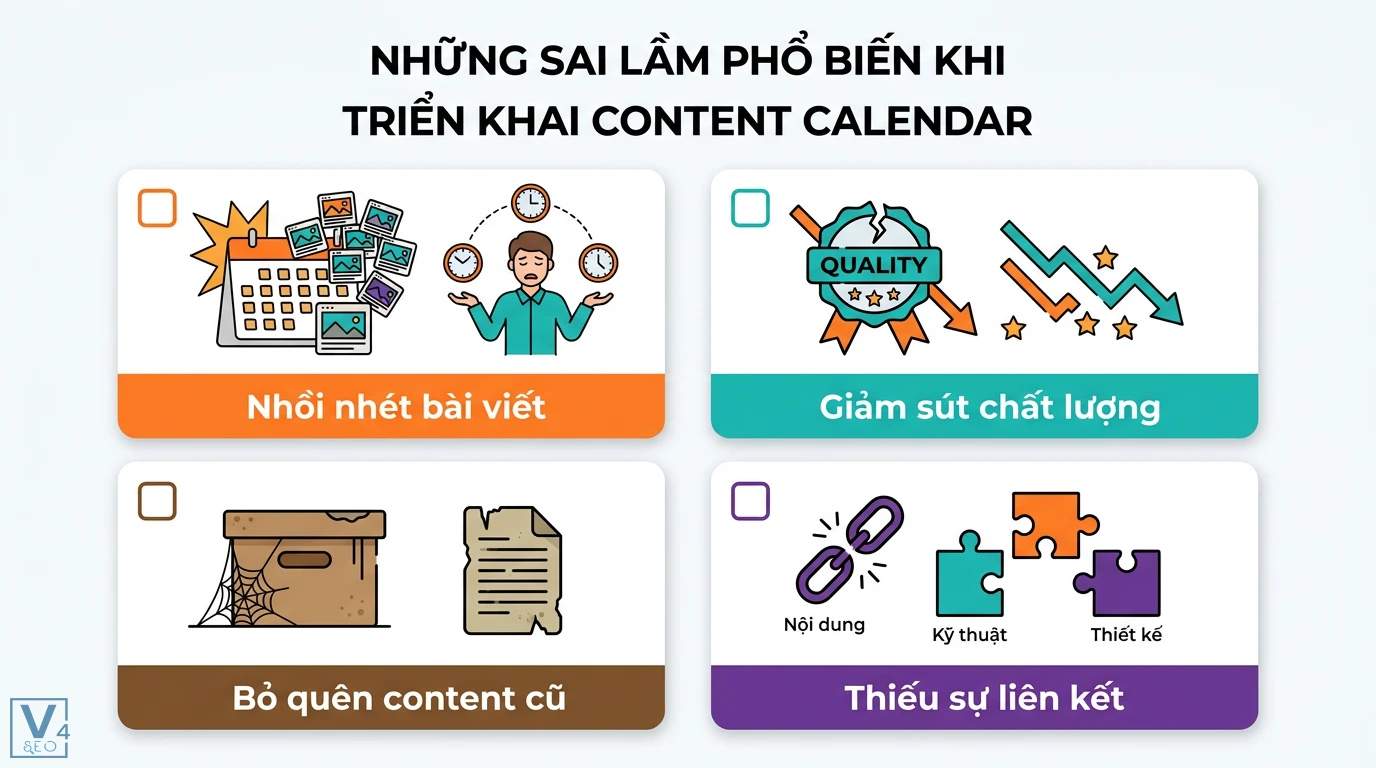 Cách xây dựng lịch xuất bản nội dung SEO bằng AI + Template 3 Sai lầm khi triển khai Content Calendar gồm nhồi nhét bài viết, giảm chất lượng, bỏ quên nội dung cũ và thiếu liên kết giữa các bộ phận