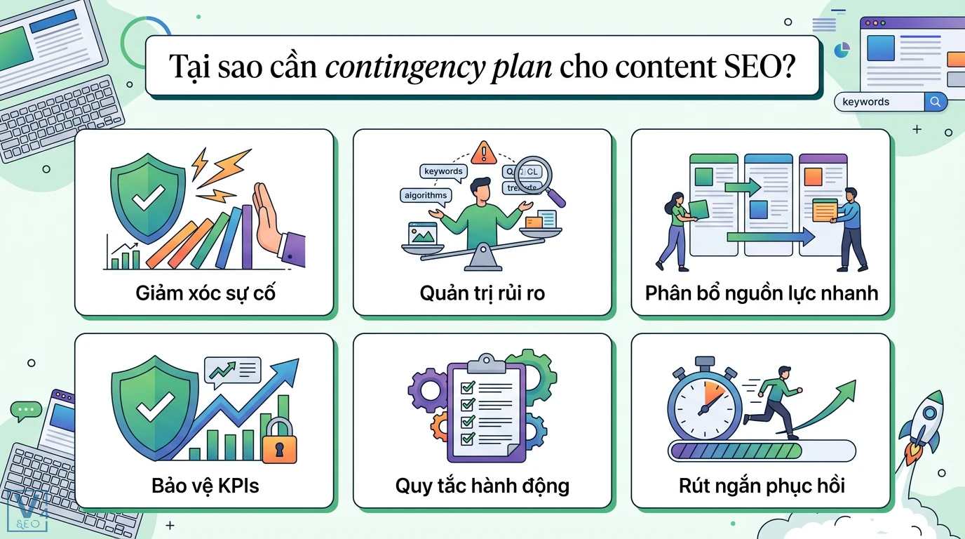 Xây dựng plan dự phòng (Contingency Plan) cho Content SEO tối ưu 5 Sai lầm xử lý khủng hoảng nội dung website gồm hoảng loạn chỉnh sửa, thiếu dữ liệu phân tích, bỏ qua kỹ thuật và chỉ đổ lỗi cho nội dung