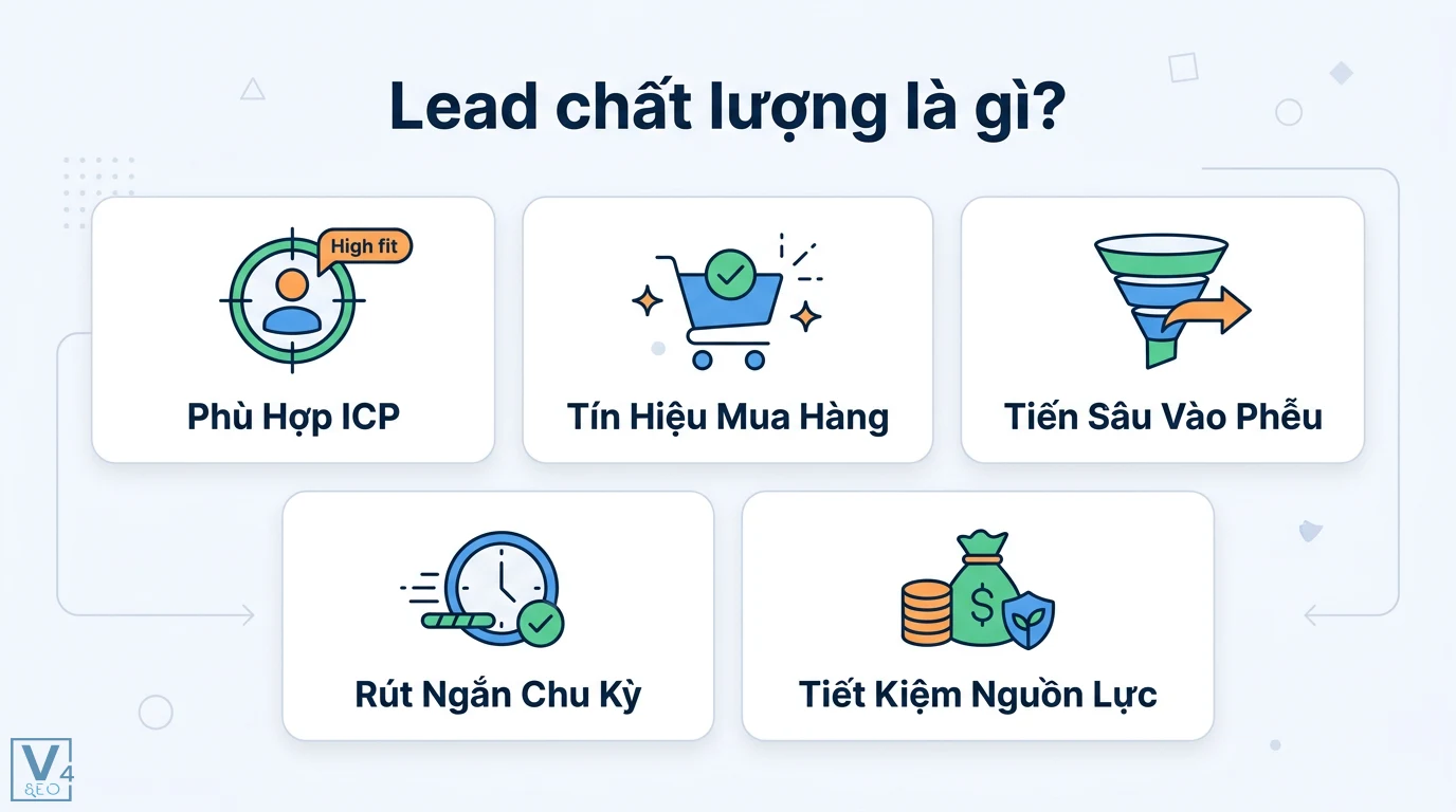 Lead chất lượng là gì? Phân loại MQL, SQL và chấm điểm lead 2026 1 Lead chất lượng phù hợp ICP có tín hiệu mua hàng giúp rút ngắn chu kỳ bán hàng, tiến sâu vào phễu và tiết kiệm nguồn lực cho doanh nghiệp