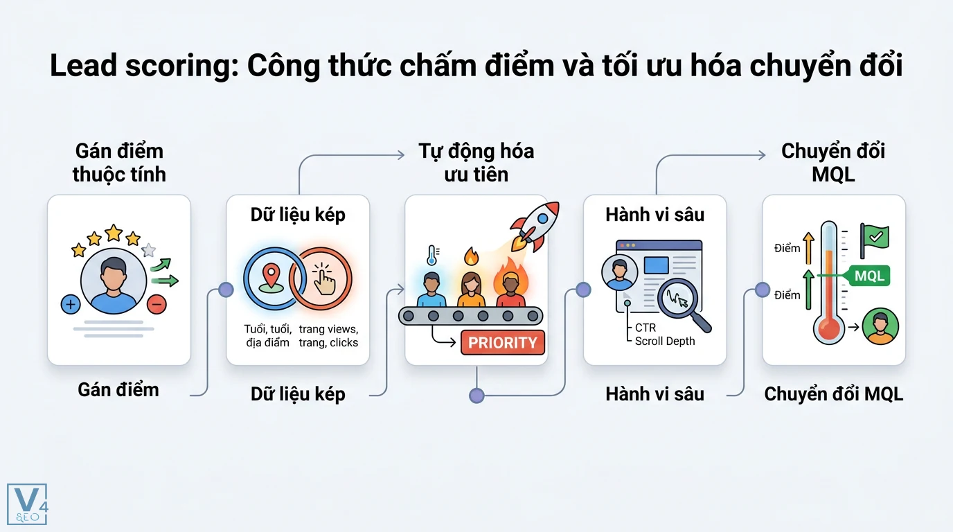 Lead chất lượng là gì? Phân loại MQL, SQL và chấm điểm lead 2026 2 Lead scoring gán điểm thuộc tính và dữ liệu hành vi CTR, Scroll Depth giúp tự động hóa ưu tiên và chuyển đổi khách hàng tiềm năng thành MQL