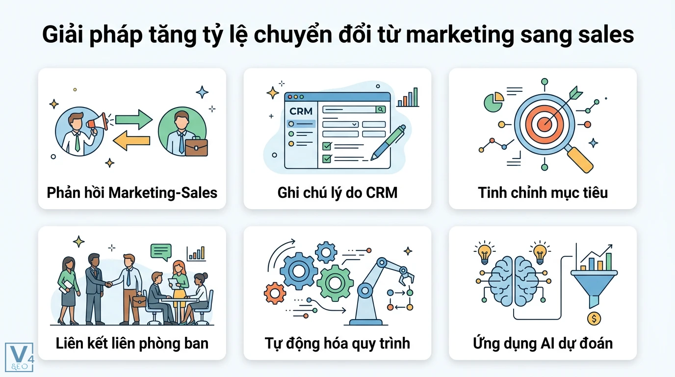 Lead chất lượng là gì? Phân loại MQL, SQL và chấm điểm lead 2026 3 Giải pháp tăng tỷ lệ chuyển đổi marketing sang sales qua phản hồi CRM, liên kết phòng ban, tự động hóa quy trình và ứng dụng AI dự đoán