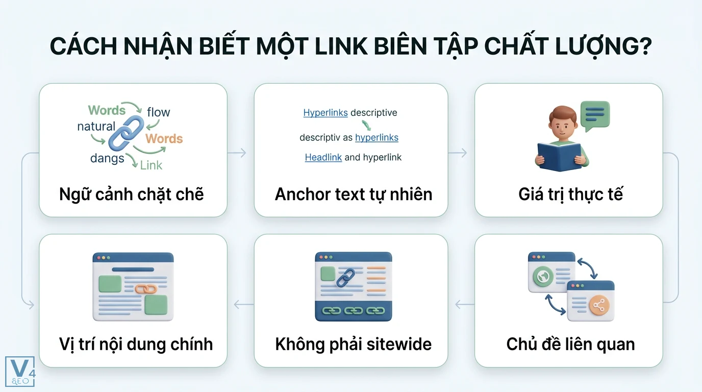 Link biên tập là gì? Giải mã vai trò của Editorial Link trong SEO 2 Cách nhận biết link biên tập chất lượng gồm ngữ cảnh chặt chẽ, anchor text tự nhiên, vị trí nội dung chính, không phải sitewide và chủ đề liên quan