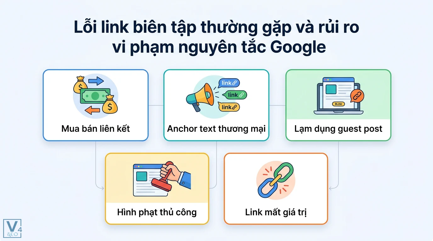 Link biên tập là gì? Giải mã vai trò của Editorial Link trong SEO 3 Lỗi link biên tập thường gặp gồm mua bán liên kết, anchor text thương mại, lạm dụng guest post dẫn đến hình phạt thủ công và link mất giá trị
