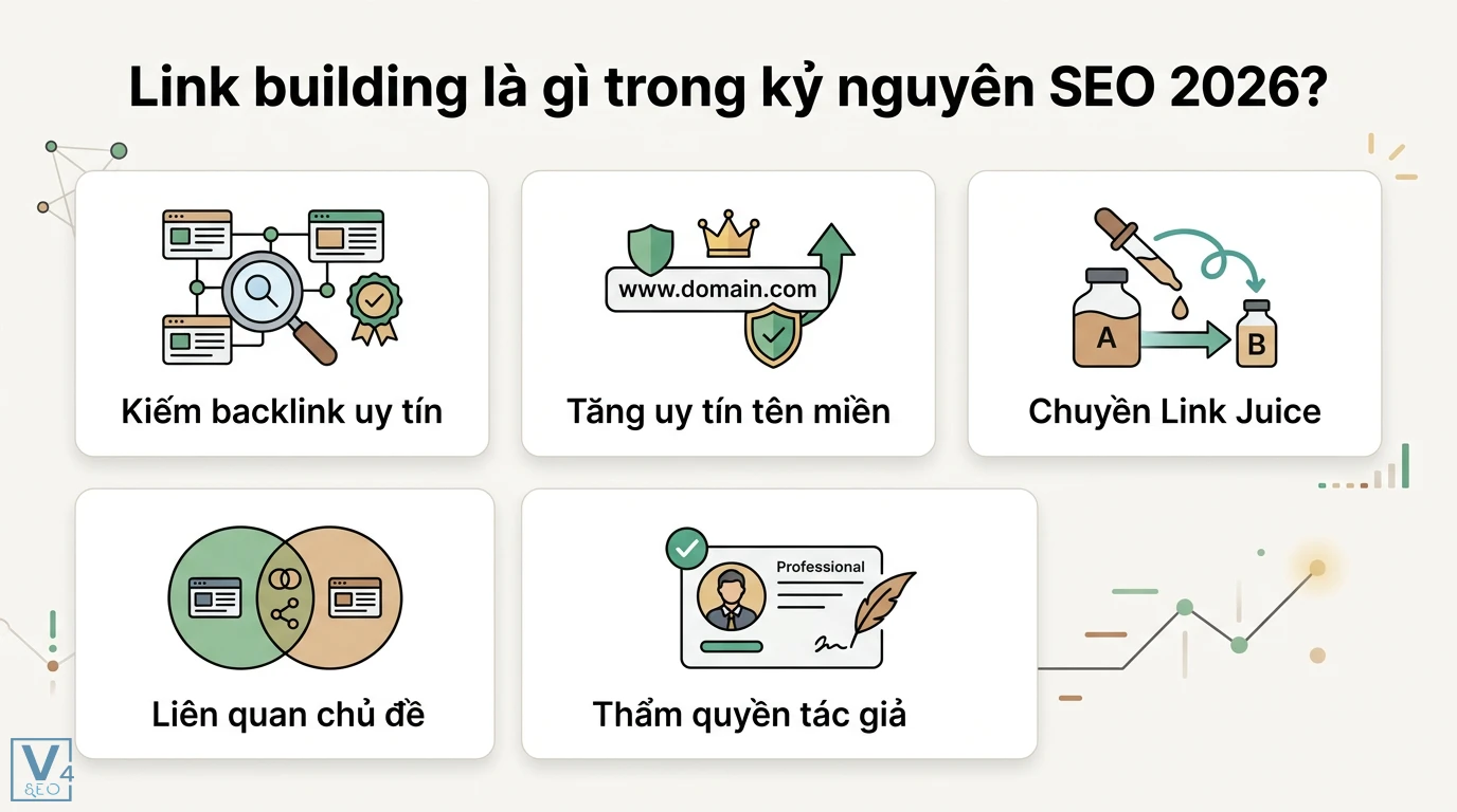 Link building là gì? Cách xây dựng liên kết chuẩn E-E-A-T 2026 1 Link building 2026 tập trung xây dựng backlink uy tín, tăng uy tín tên miền, truyền Link Juice, liên quan chủ đề và thẩm quyền tác giả