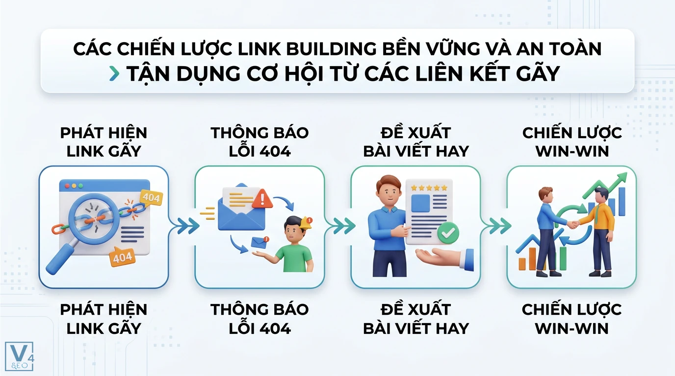 Link building là gì? Cách xây dựng liên kết chuẩn E-E-A-T 2026 2 Quy trình tận dụng liên kết gãy bằng cách phát hiện lỗi 404, thông báo chủ website và đề xuất bài viết hay để đạt chiến lược win-win