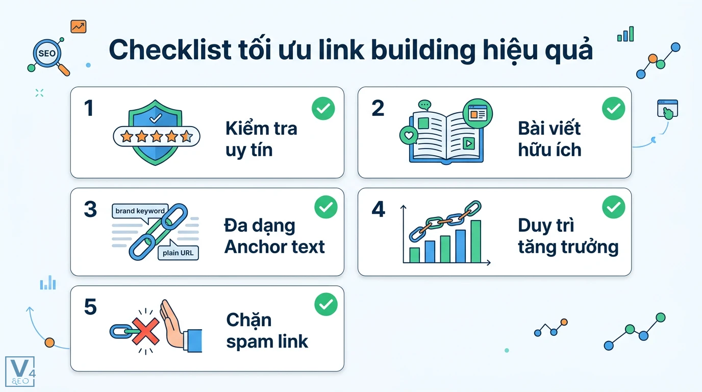 Link building là gì? Cách xây dựng liên kết chuẩn E-E-A-T 2026 3 Checklist tối ưu link building hiệu quả gồm kiểm tra uy tín, bài viết hữu ích, đa dạng anchor text, duy trì tăng trưởng và chặn spam link