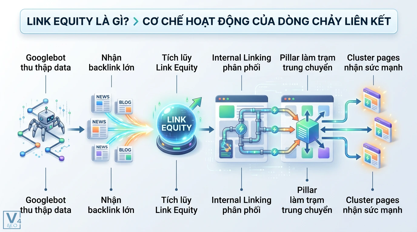 Link equity là gì? Cách điều phối sức mạnh liên kết chuẩn SEO 1 Cơ chế Link equity từ khi Googlebot thu thập data, tích lũy backlink và phân phối qua Pillar page đến các Cluster pages bằng Internal Linking