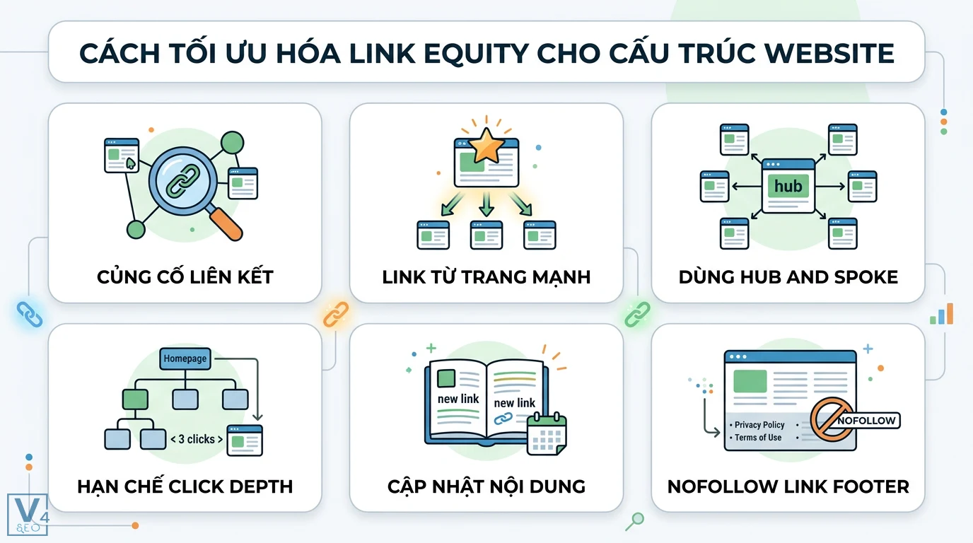 Link equity là gì? Cách điều phối sức mạnh liên kết chuẩn SEO 2 Tối ưu hóa link equity qua Hub and Spoke, giảm độ sâu click depth, cập nhật nội dung cũ và dùng thuộc tính nofollow cho liên kết footer