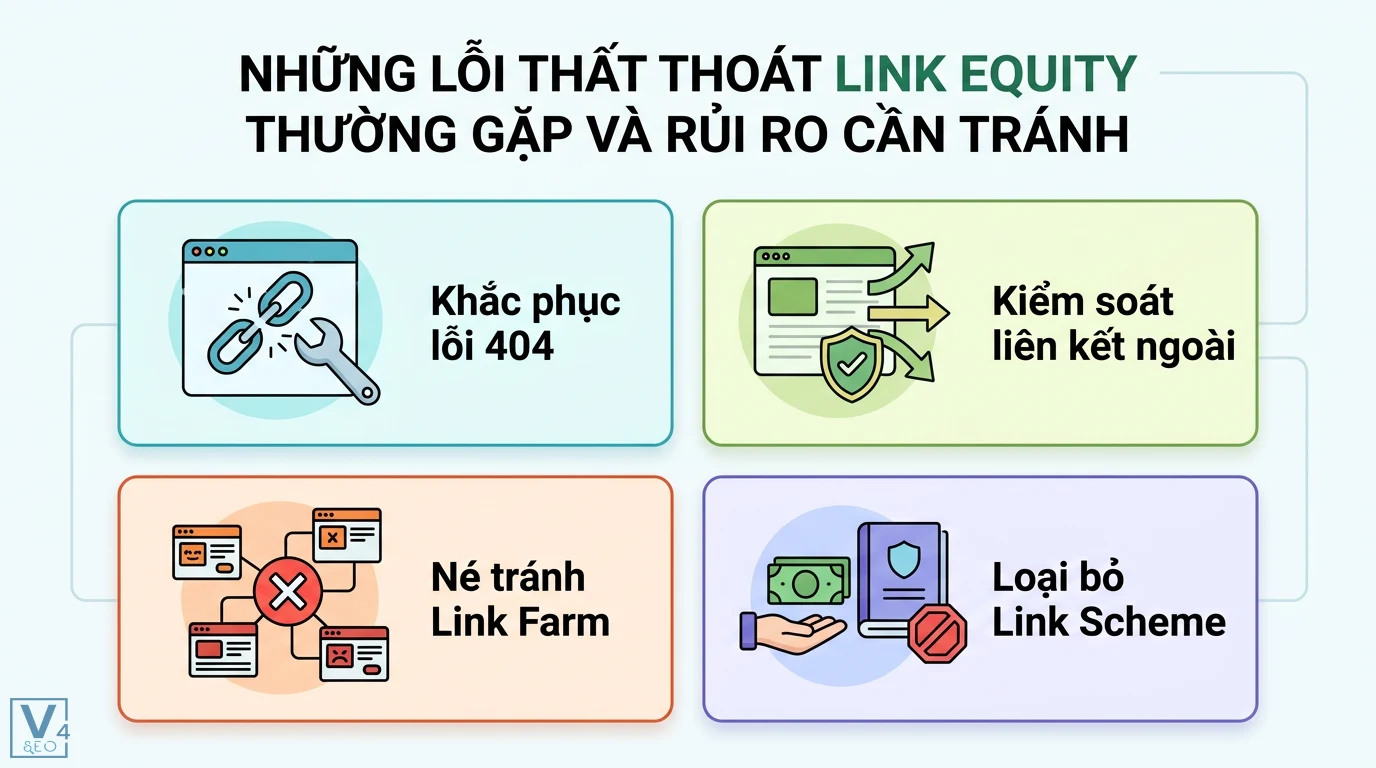 Link equity là gì? Cách điều phối sức mạnh liên kết chuẩn SEO 3 Khắc phục lỗi 404, kiểm soát liên kết ngoài, né tránh link farm và loại bỏ link scheme nhằm hạn chế rủi ro thất thoát link equity cho website