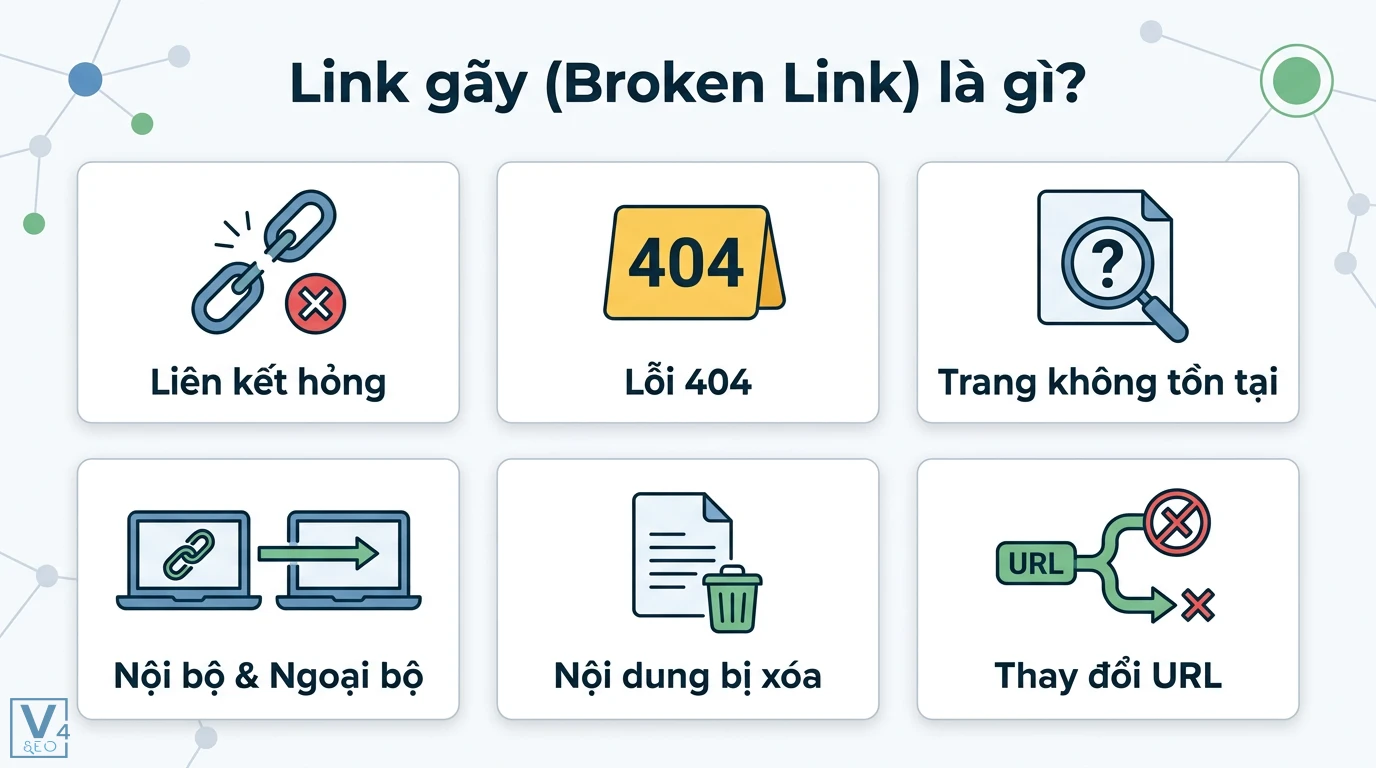 Link gãy là gì? Cách xử lý lỗi 404 và quy trình quản lý liên kết SEO 1 Link gãy là liên kết hỏng dẫn đến lỗi 404 khi trang không tồn tại do nội dung bị xóa hoặc thay đổi URL ở liên kết nội bộ và ngoại bộ