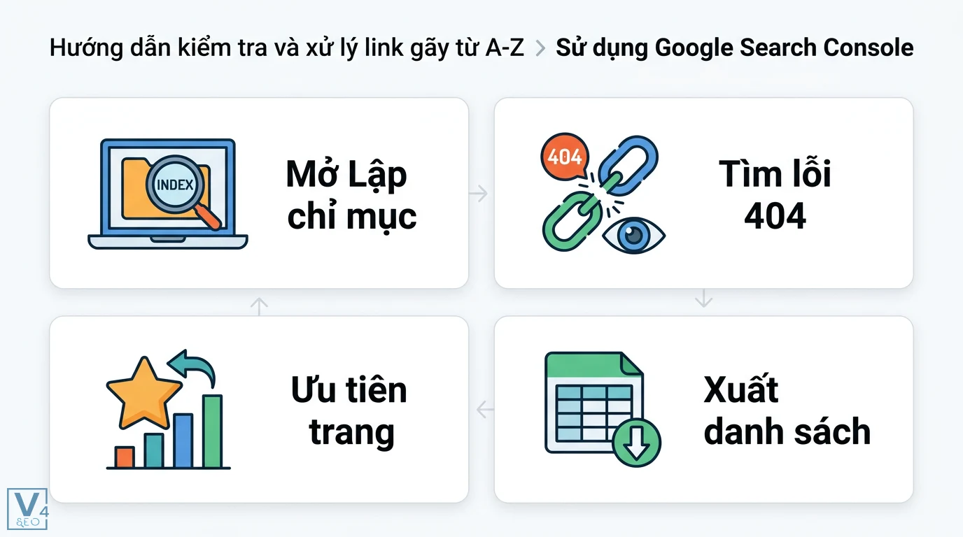 Link gãy là gì? Cách xử lý lỗi 404 và quy trình quản lý liên kết SEO 2 Các bước xử lý link gãy bằng Google Search Console gồm mở Lập chỉ mục, tìm lỗi 404, xuất danh sách và ưu tiên khắc phục trang quan trọng