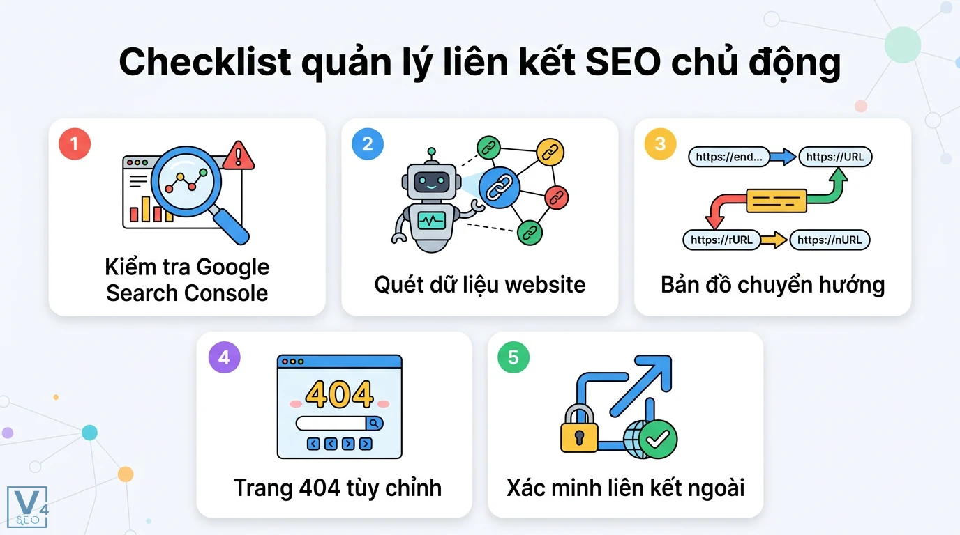Link gãy là gì? Cách xử lý lỗi 404 và quy trình quản lý liên kết SEO 3 Checklist quản lý liên kết SEO gồm kiểm tra Google Search Console, quét dữ liệu, bản đồ chuyển hướng, trang 404 và xác minh liên kết ngoài