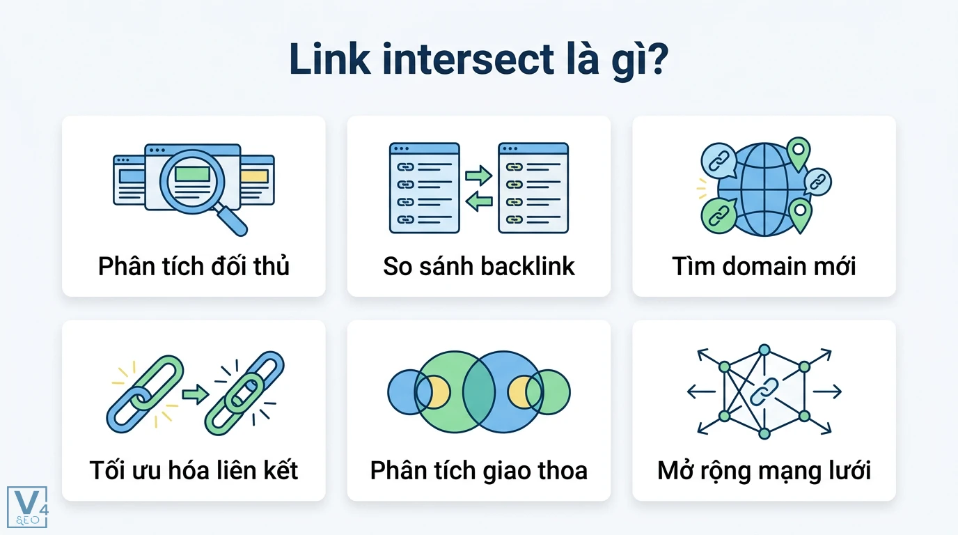 Link intersect là gì? Tìm backlink từ đối thủ qua Ahrefs, Semrush 1 Link intersect bao gồm phân tích đối thủ, so sánh backlink, tìm domain mới, tối ưu hóa liên kết và phân tích giao thoa để mở rộng mạng lưới