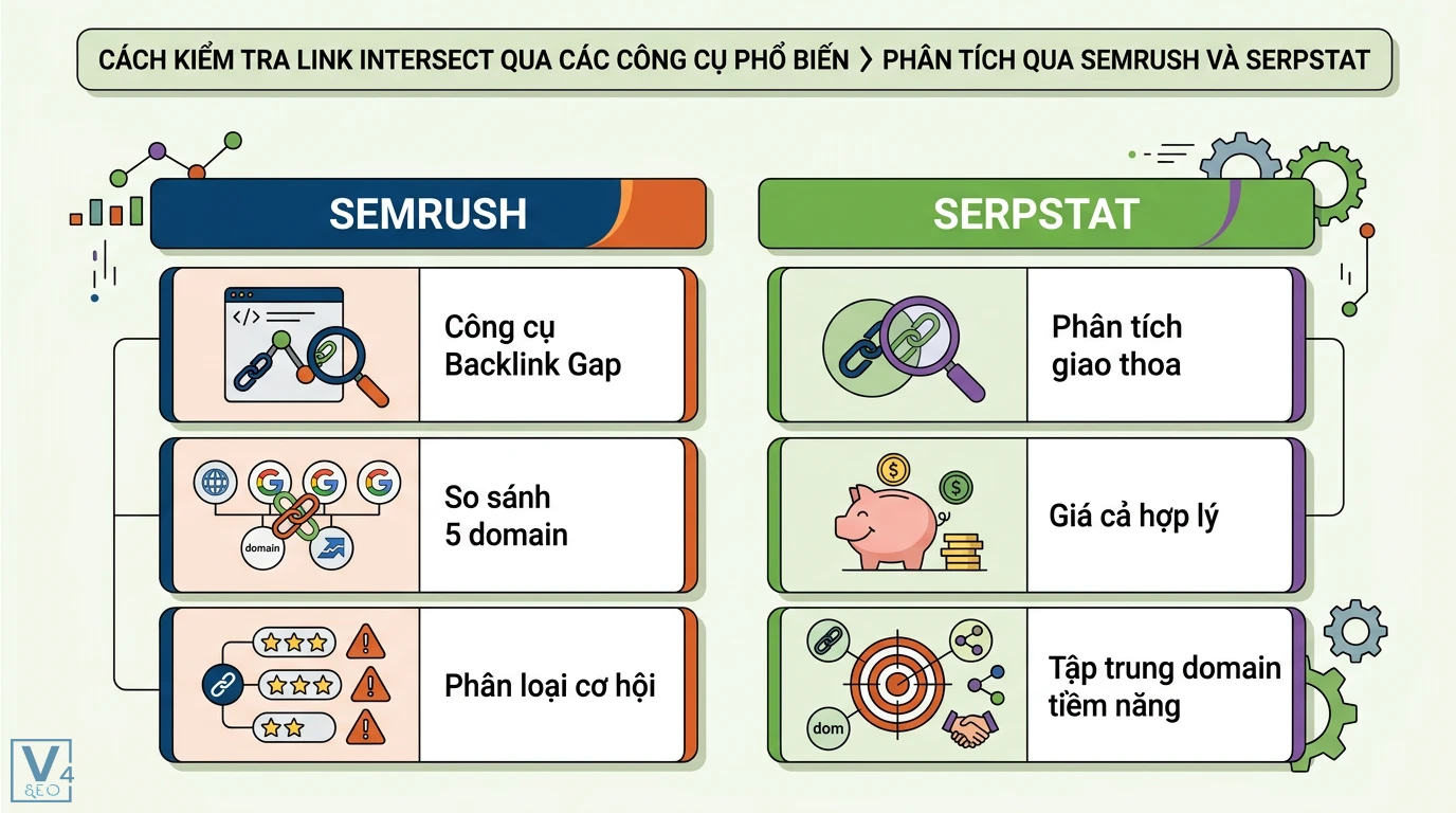 Link intersect là gì? Tìm backlink từ đối thủ qua Ahrefs, Semrush 2 Kiểm tra link intersect bằng Semrush Backlink Gap so sánh 5 domain và Serpstat phân tích giao thoa nhằm tìm kiếm danh sách domain tiềm năng