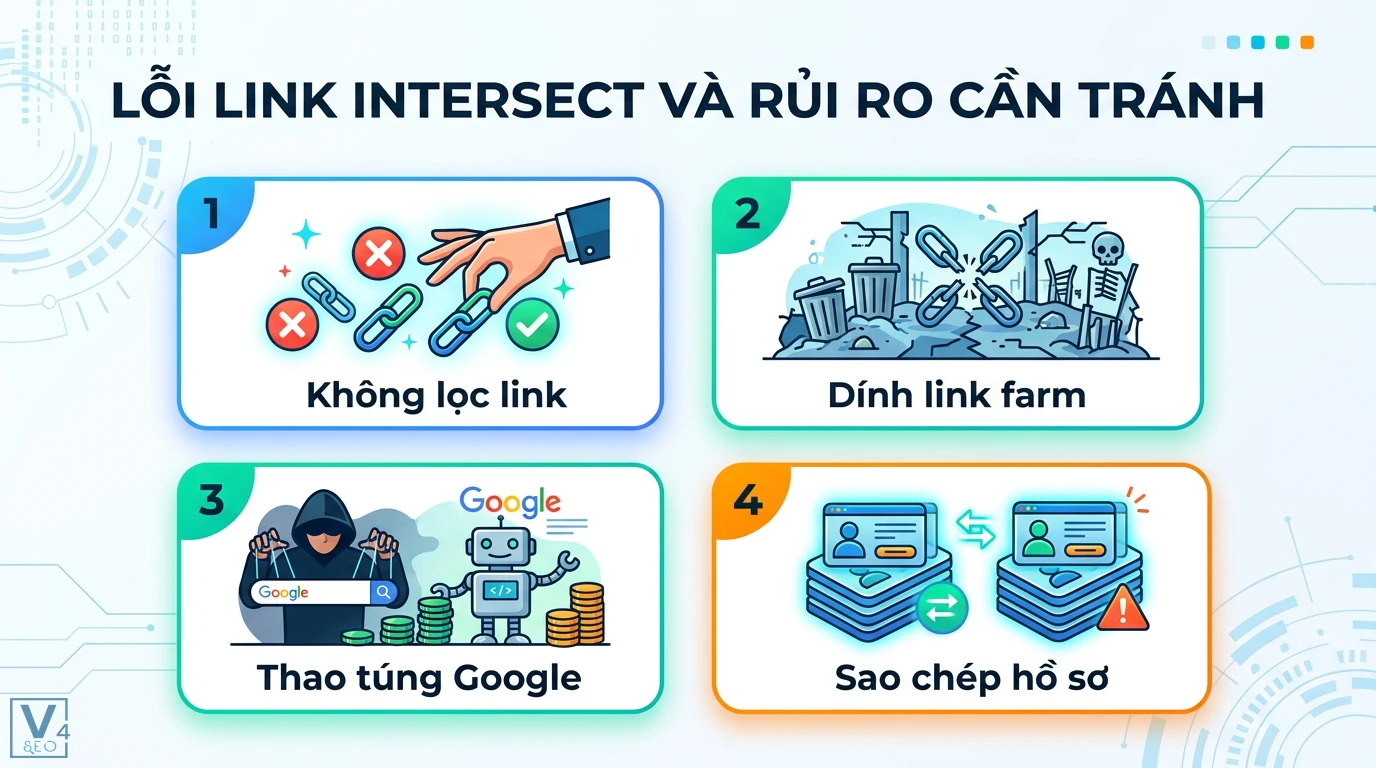 Link intersect là gì? Tìm backlink từ đối thủ qua Ahrefs, Semrush 3 Lỗi link intersect thường gặp gồm không lọc backlink, dính link farm độc hại, thao túng thuật toán Google và sao chép hồ sơ đối thủ