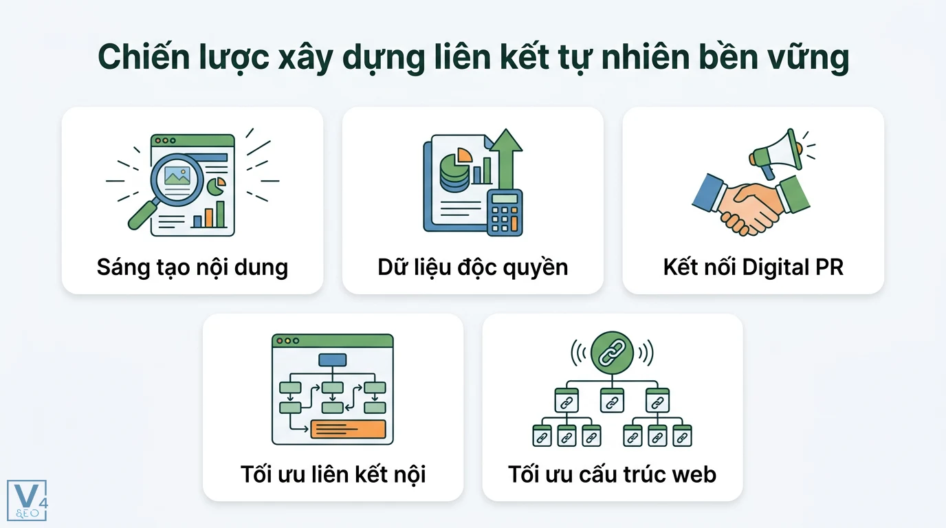 Link tự nhiên là gì? Cách xây dựng backlink sạch chuẩn Google 2026 2 Xây dựng liên kết tự nhiên bền vững bằng sáng tạo nội dung, dữ liệu độc quyền, kết nối Digital PR, tối ưu liên kết nội và cấu trúc web