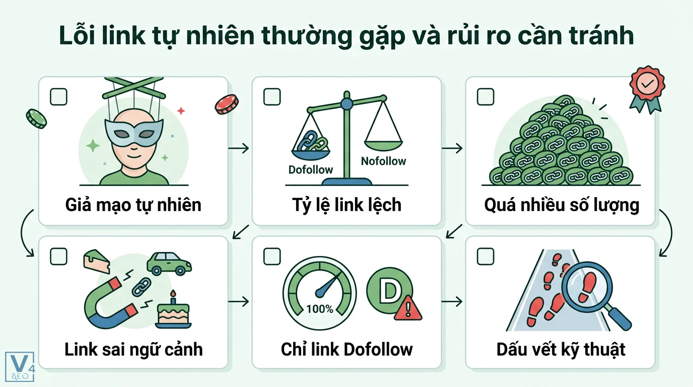 Link tự nhiên là gì? Cách xây dựng backlink sạch chuẩn Google 2026 3 Các lỗi link tự nhiên như giả mạo, tỷ lệ link lệch, quá nhiều số lượng, sai ngữ cảnh, chỉ link dofollow và dấu vết kỹ thuật gây rủi ro SEO